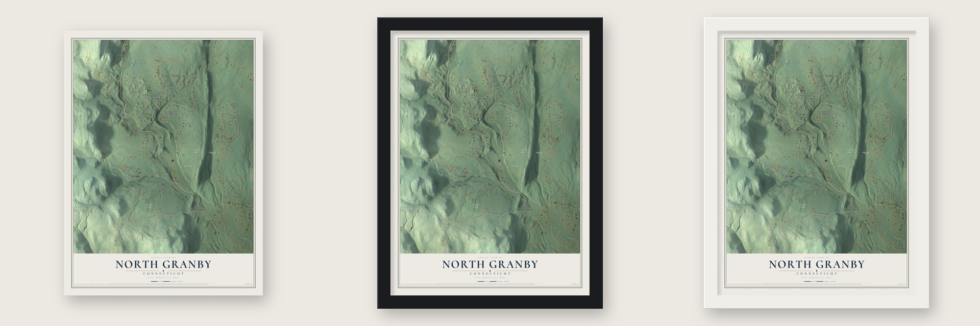 North Granby, Connecticut map unframed, in a black wood frame and in a white wood frame