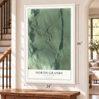 North Granby, Connecticut map, 24 x 36 inch print in a white frame by a staircase