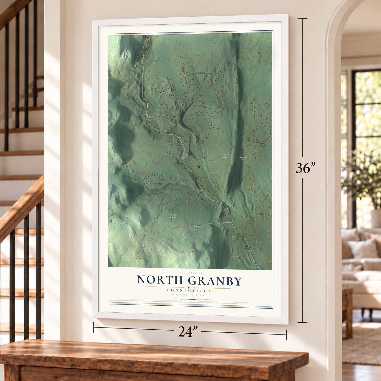 North Granby, Connecticut map, 24 x 36 inch print in a white frame by a staircase