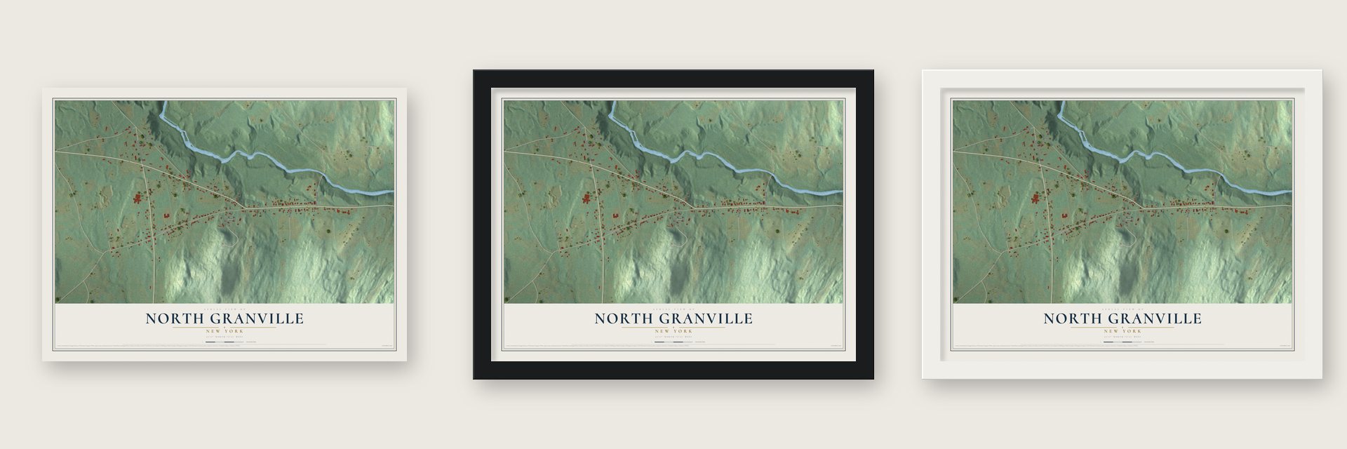 North Granville, New York map unframed, in a black wood frame and in a white wood frame