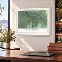 North Granville, New York map, 18 x 24 inch print in a white frame in a home office