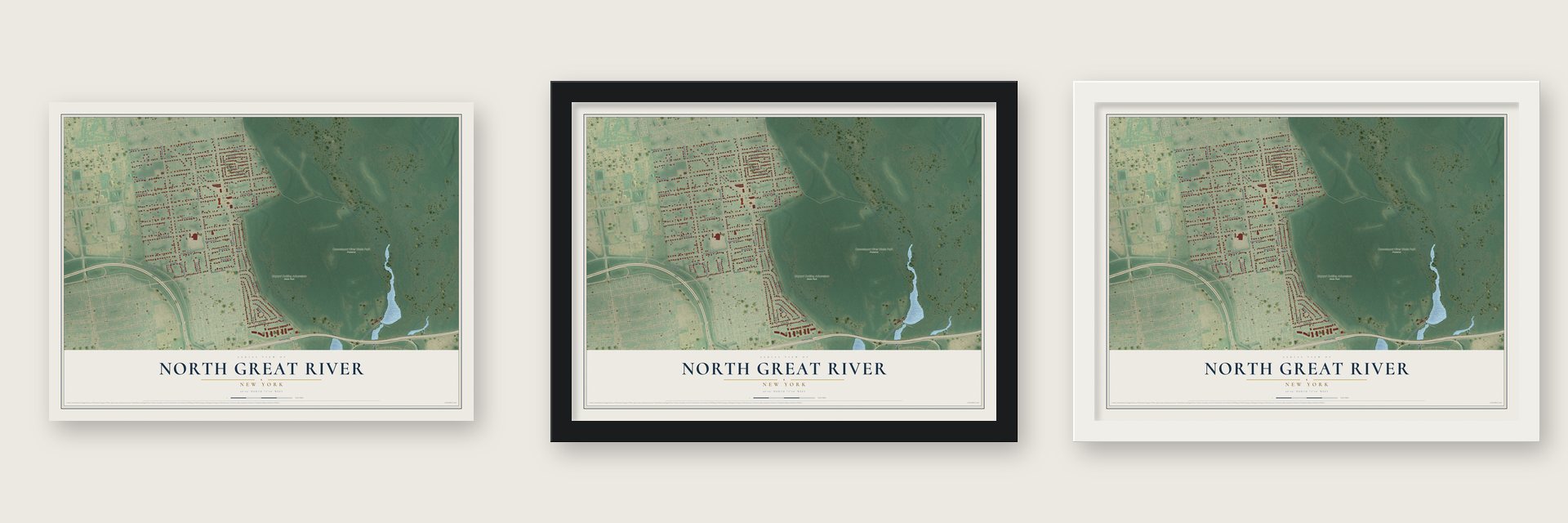 North Great River, New York map unframed, in a black wood frame and in a white wood frame
