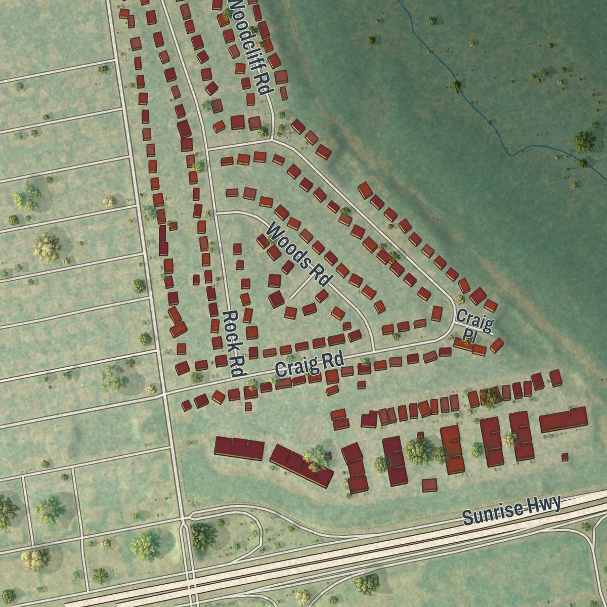 Second close-up of the map of North Great River, New York print showing more streets and buildings