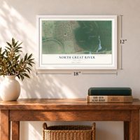 North Great River, New York map, 12 x 18 inch print in a white frame in an entryway