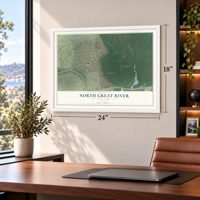 North Great River, New York map, 18 x 24 inch print in a white frame in a home office