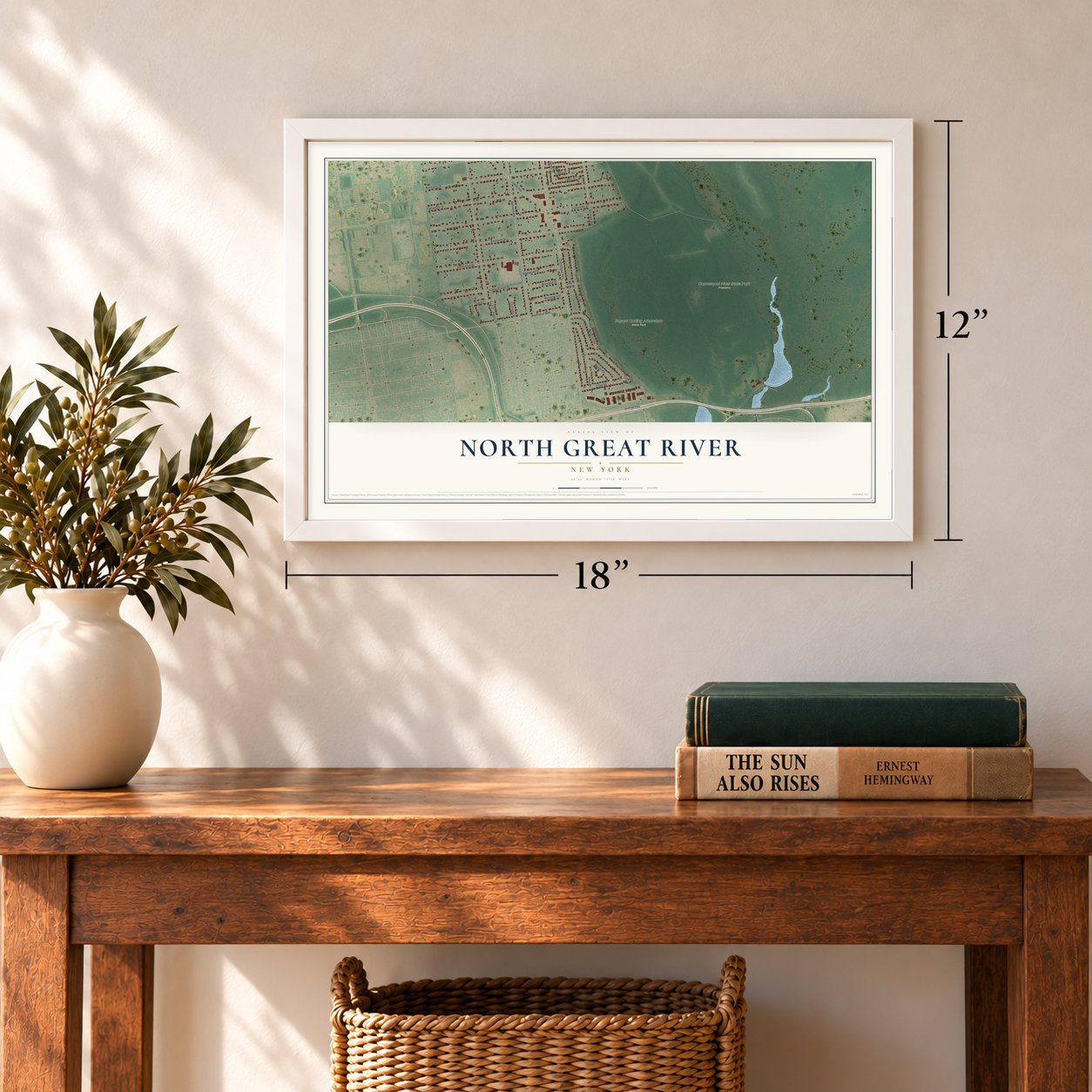 North Great River, New York map, 12 x 18 inch print in a white frame in an entryway