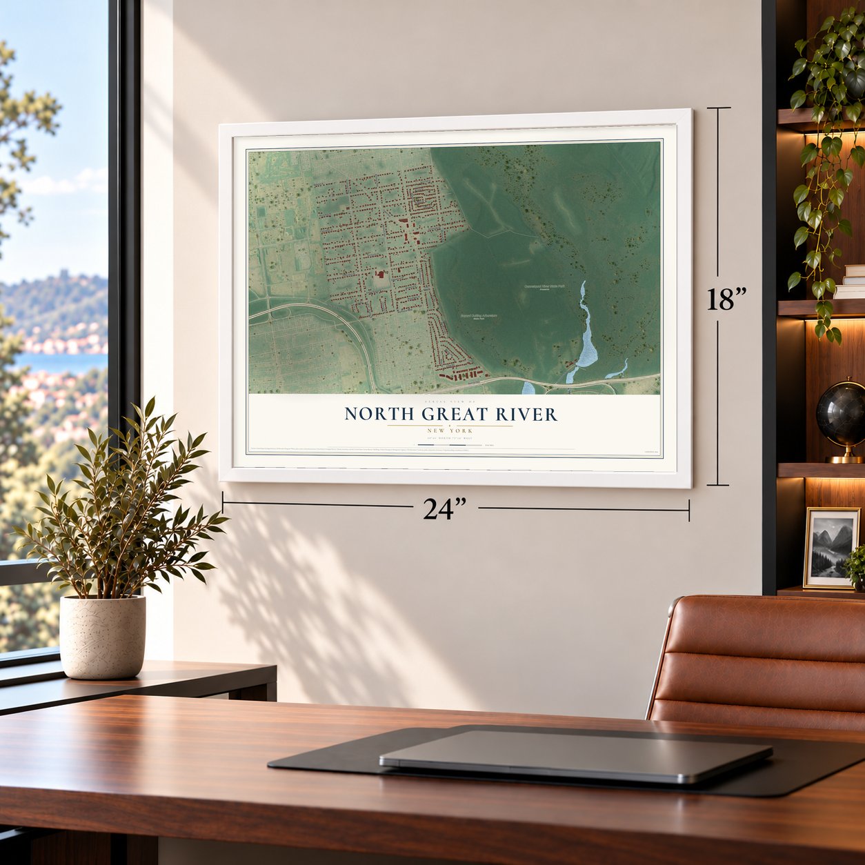 North Great River, New York map, 18 x 24 inch print in a white frame in a home office