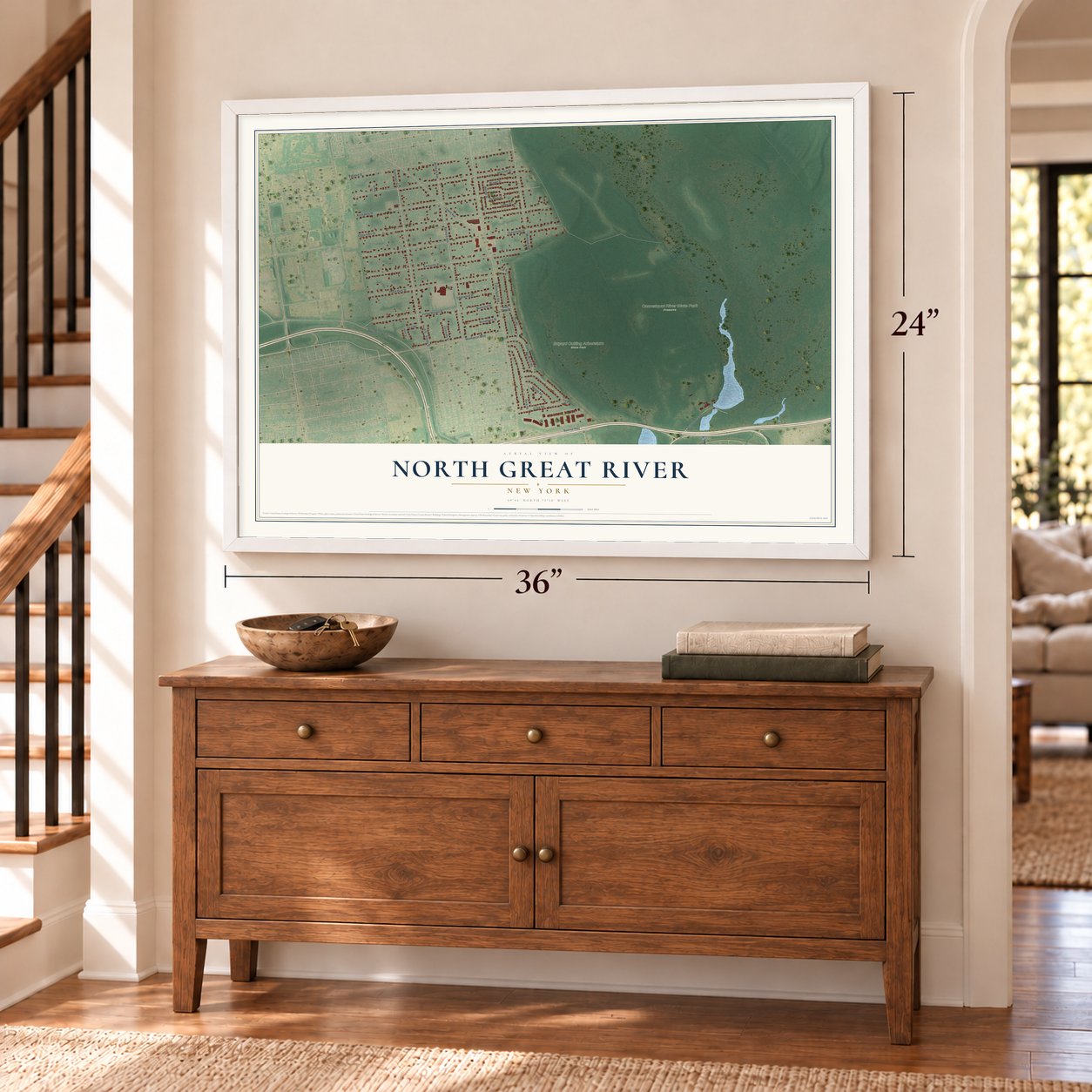 North Great River, New York map, 24 x 36 inch print in a white frame above a dresser by a staircase