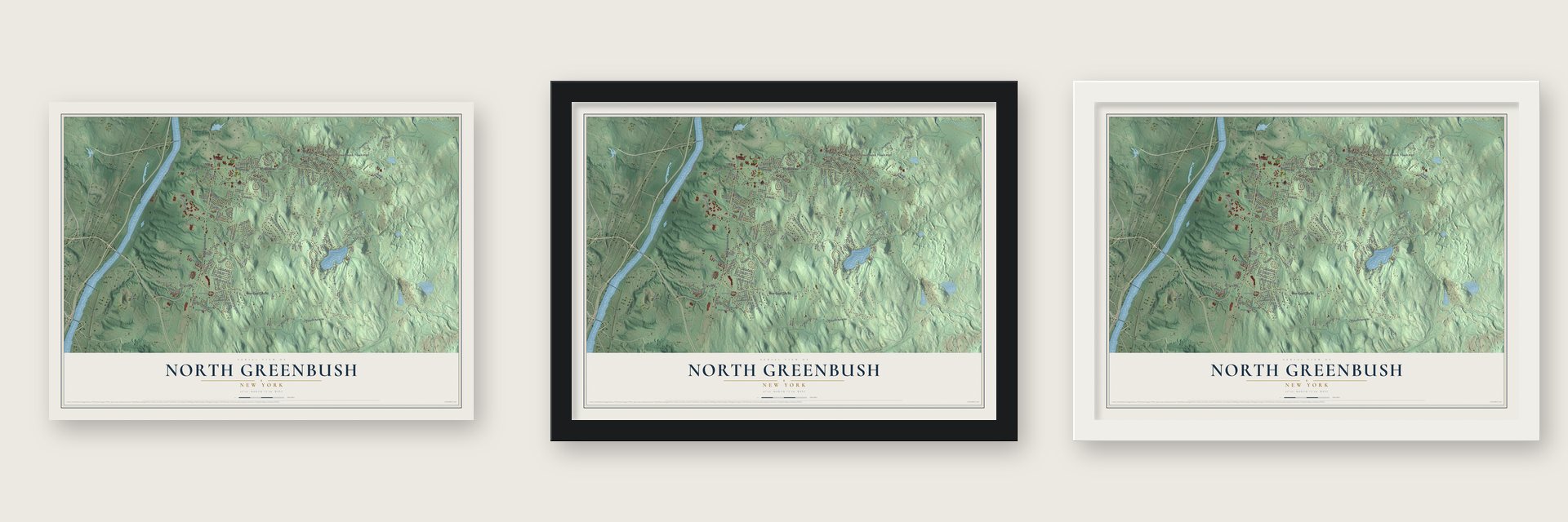 North Greenbush, New York map unframed, in a black wood frame and in a white wood frame