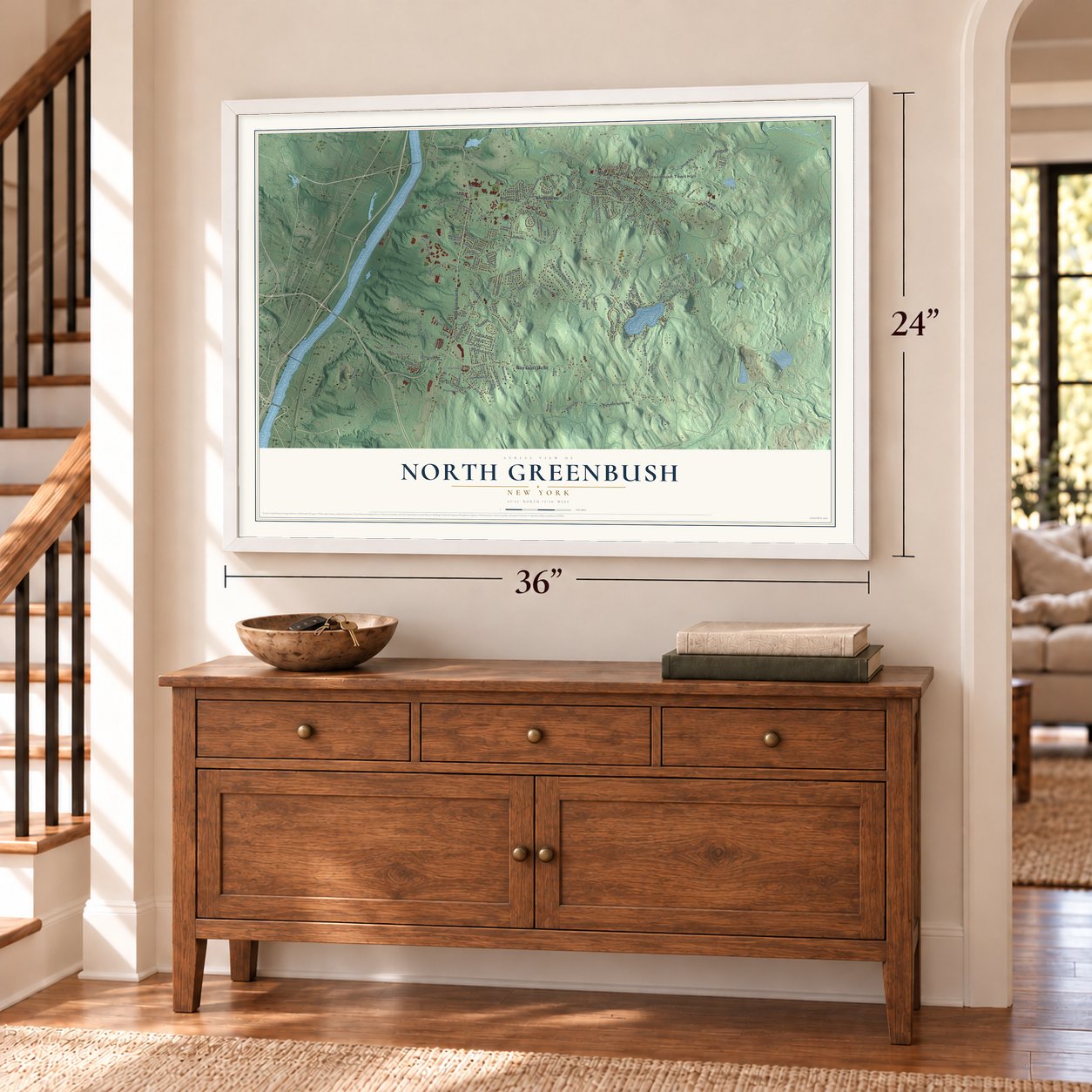 North Greenbush, New York map, 24 x 36 inch print in a white frame above a dresser by a staircase