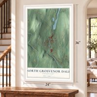 North Grosvenor Dale, Connecticut map, 24 x 36 inch print in a white frame by a staircase