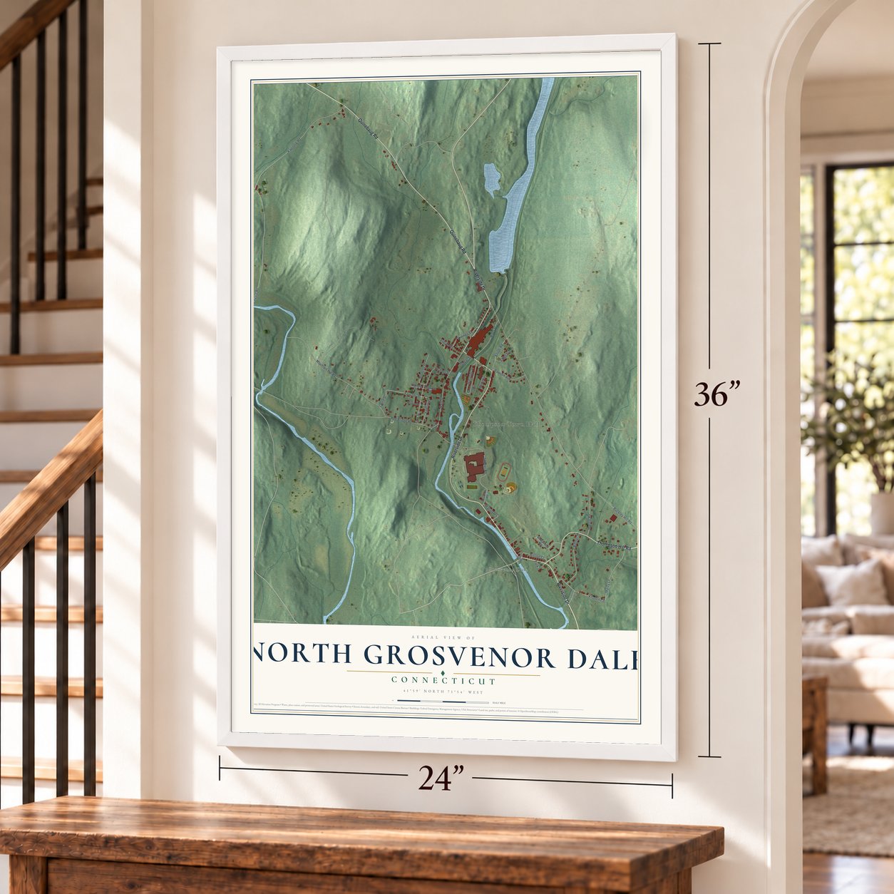 North Grosvenor Dale, Connecticut map, 24 x 36 inch print in a white frame by a staircase