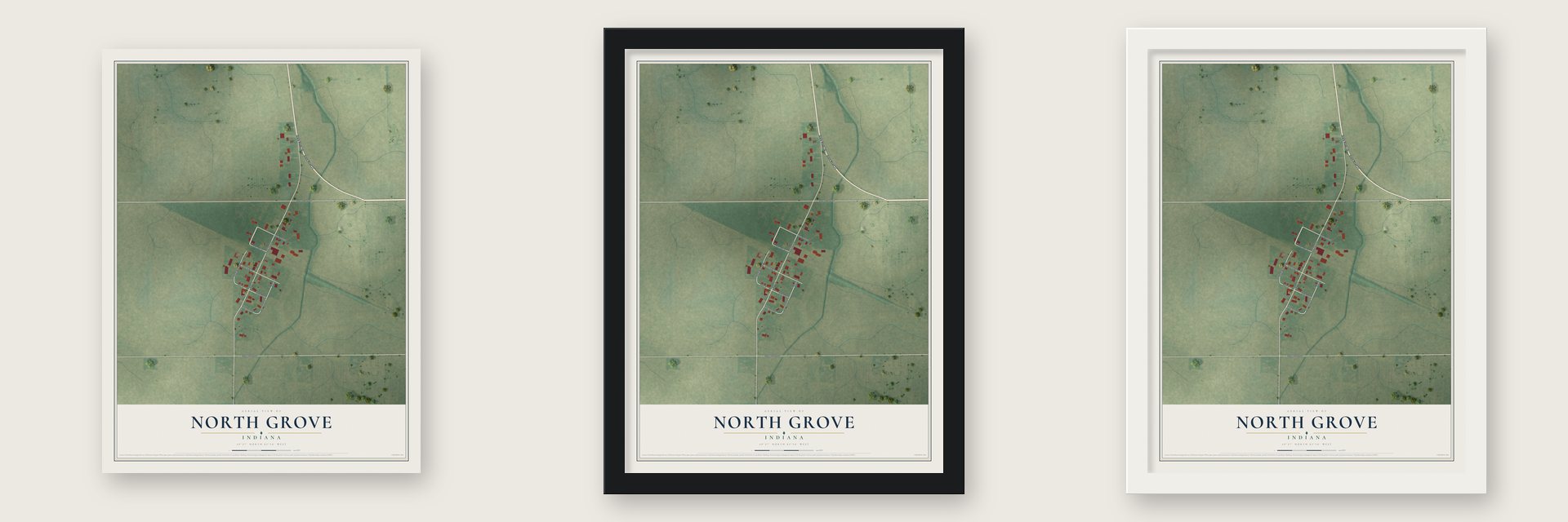 North Grove, Indiana map unframed, in a black wood frame and in a white wood frame