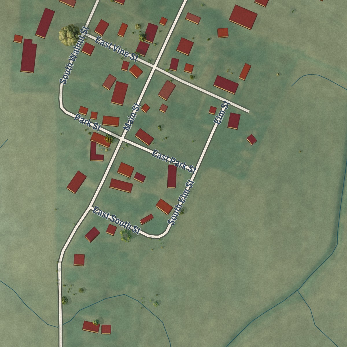 Second close-up of the map of North Grove, Indiana print showing more streets and buildings