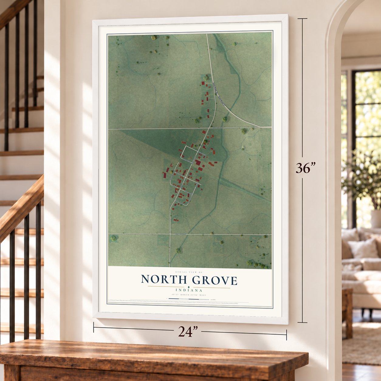 North Grove, Indiana map, 24 x 36 inch print in a white frame by a staircase