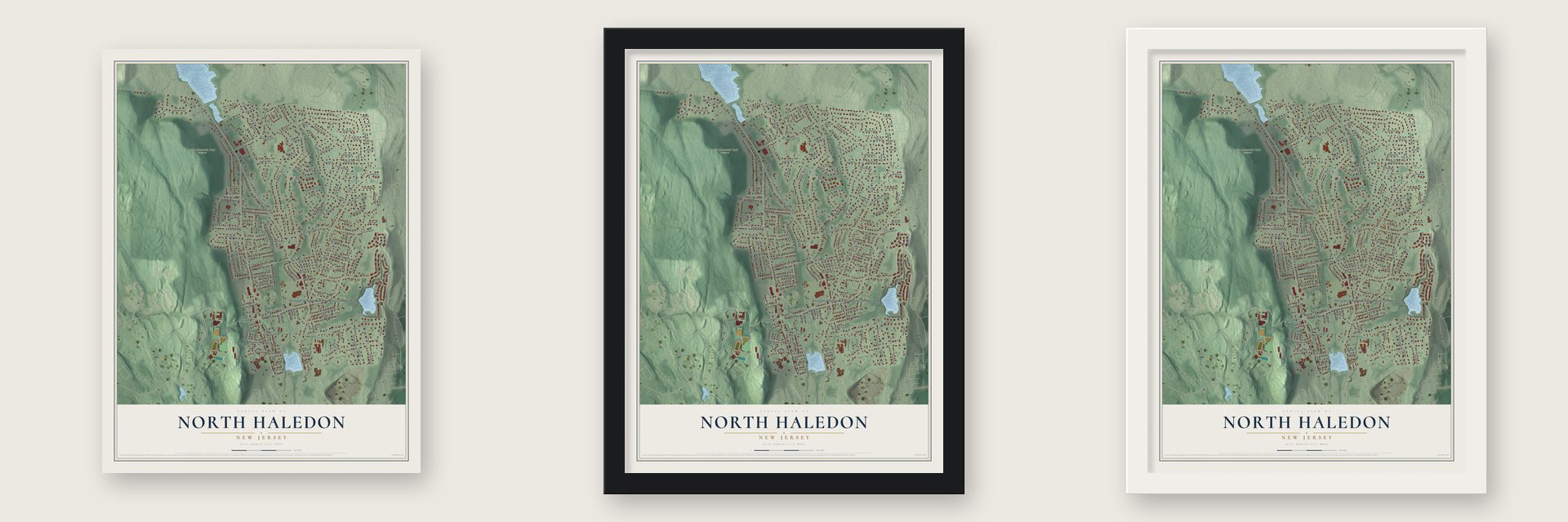 North Haledon, New Jersey map unframed, in a black wood frame and in a white wood frame