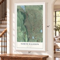 North Haledon, New Jersey map, 24 x 36 inch print in a white frame by a staircase