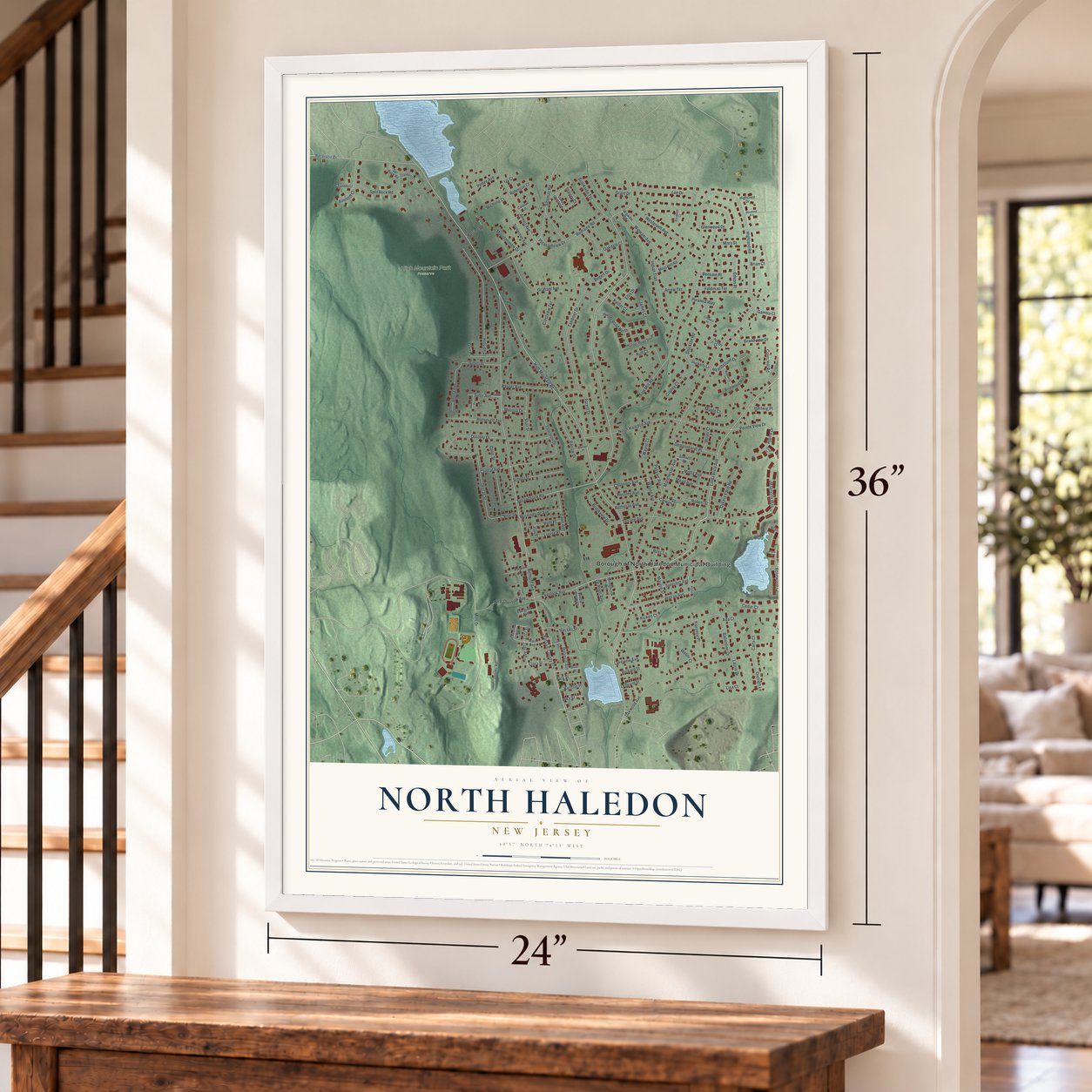 North Haledon, New Jersey map, 24 x 36 inch print in a white frame by a staircase