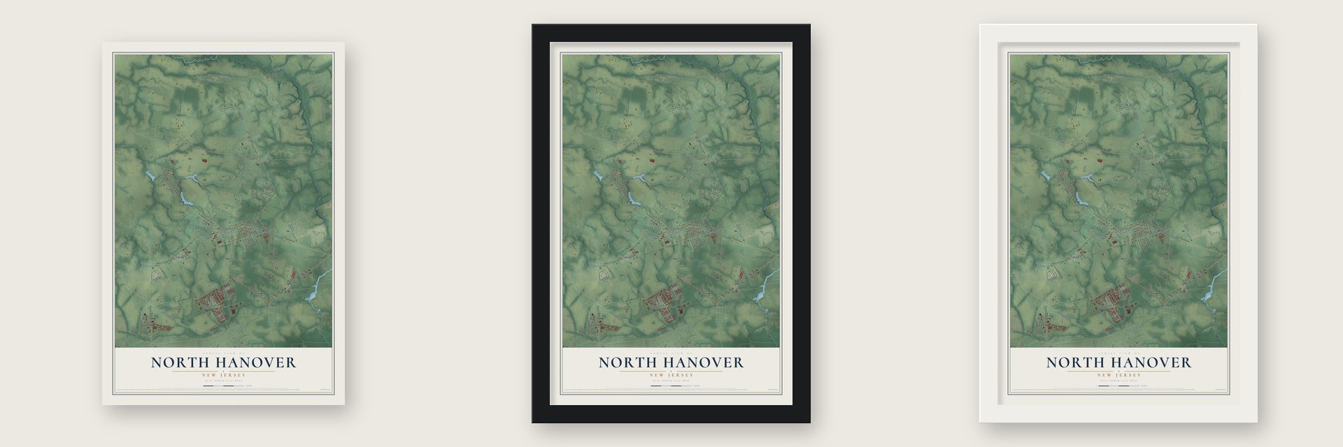 North Hanover, New Jersey map unframed, in a black wood frame and in a white wood frame
