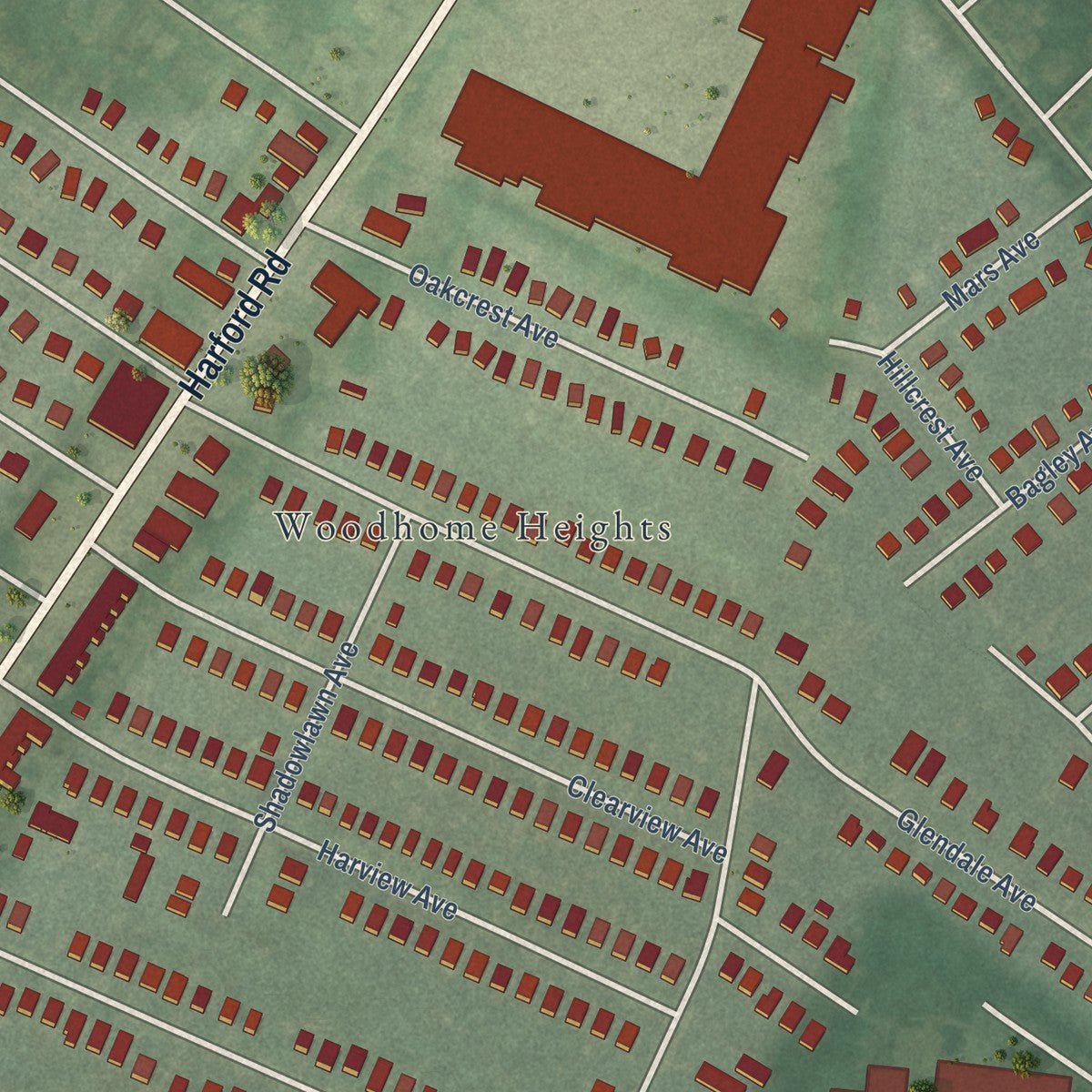 Second close-up of the map of North Harford Road, Maryland print showing more streets and buildings