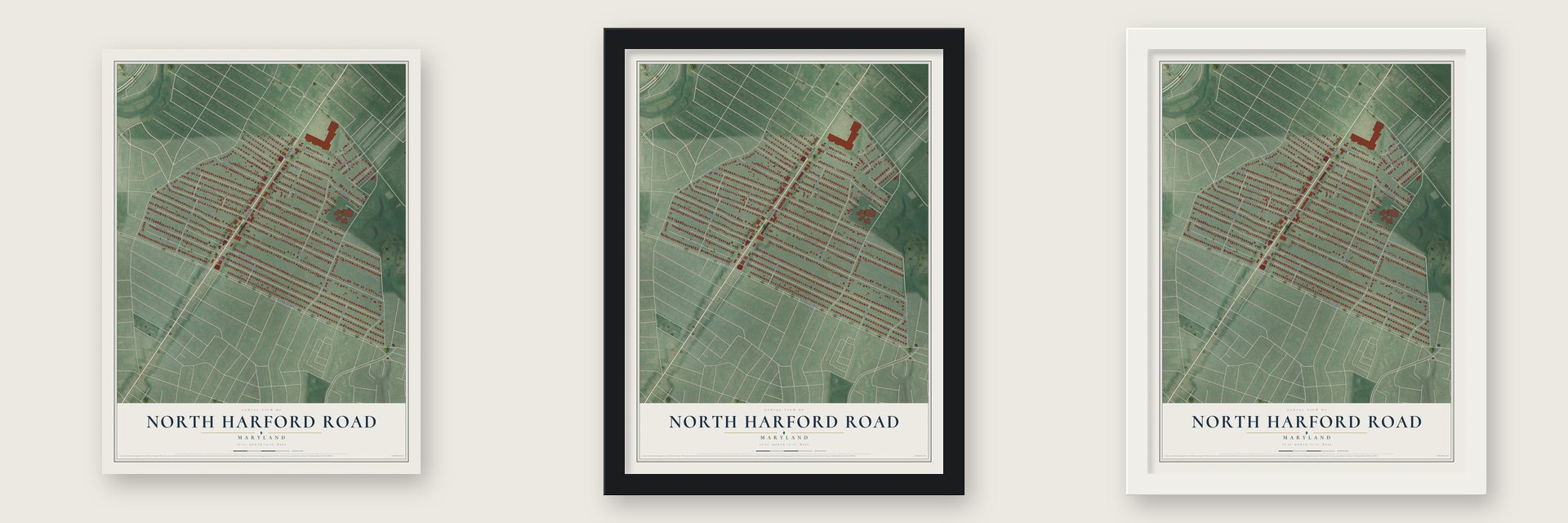 North Harford Road, Maryland map unframed, in a black wood frame and in a white wood frame