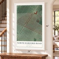 North Harford Road, Maryland map, 24 x 36 inch print in a white frame by a staircase