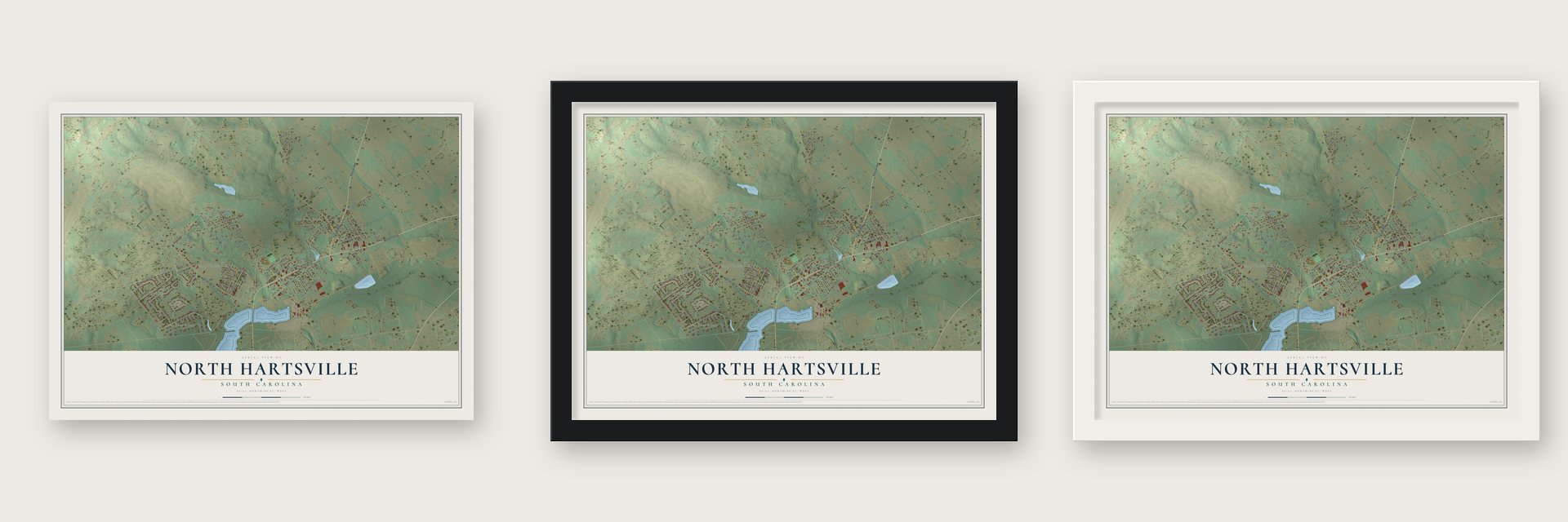 North Hartsville, South Carolina map unframed, in a black wood frame and in a white wood frame