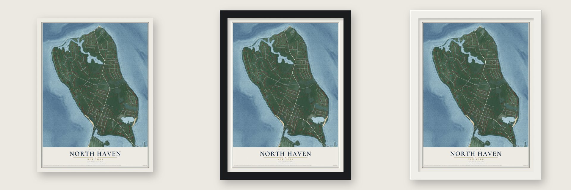 North Haven, New York map unframed, in a black wood frame and in a white wood frame