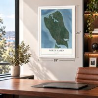 North Haven, New York map, 18 x 24 inch print in a white frame in a home office