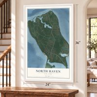 North Haven, New York map, 24 x 36 inch print in a white frame by a staircase