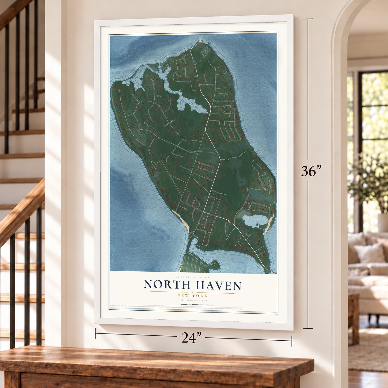 North Haven, New York map, 24 x 36 inch print in a white frame by a staircase