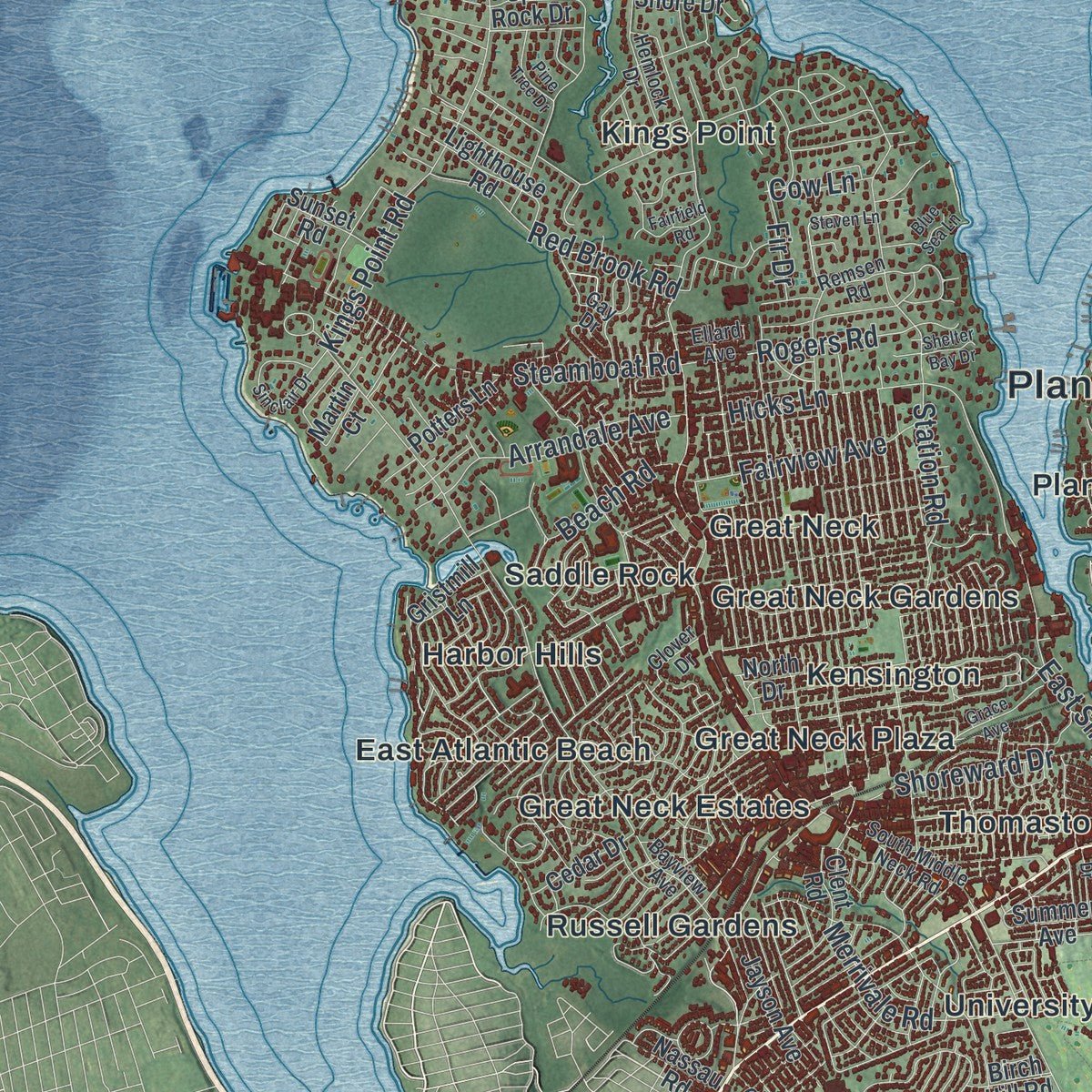 Second close-up of the map of North Hempstead, New York print showing more streets and buildings