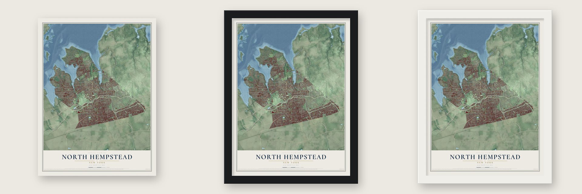 North Hempstead, New York map unframed, in a black wood frame and in a white wood frame