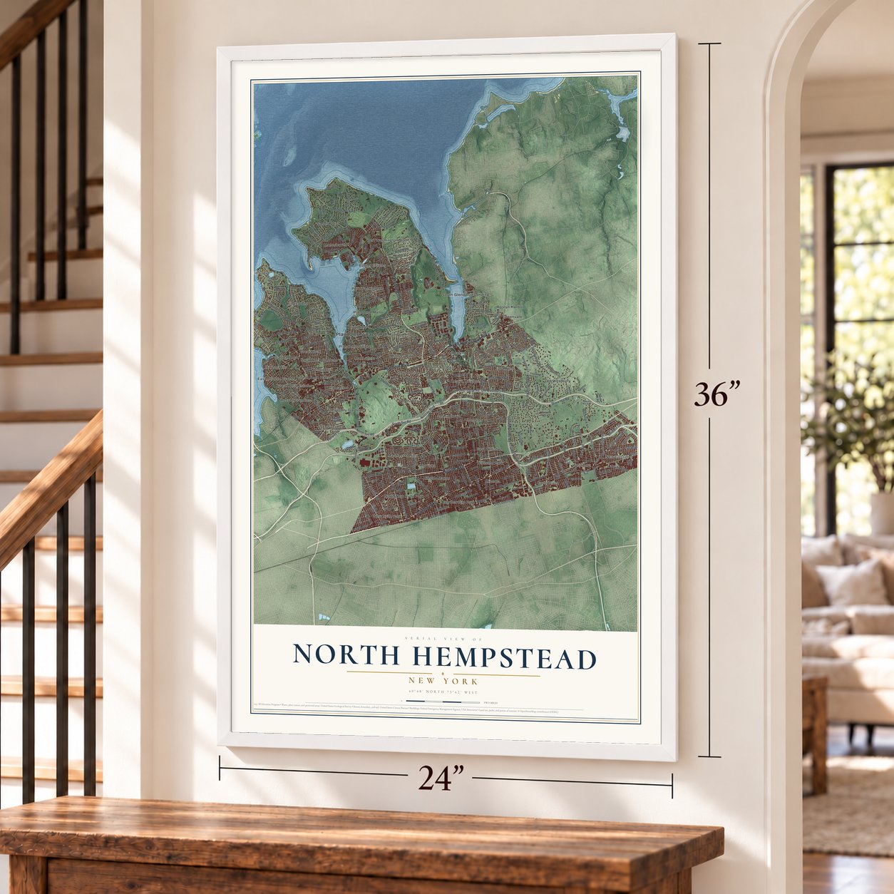 North Hempstead, New York map, 24 x 36 inch print in a white frame by a staircase
