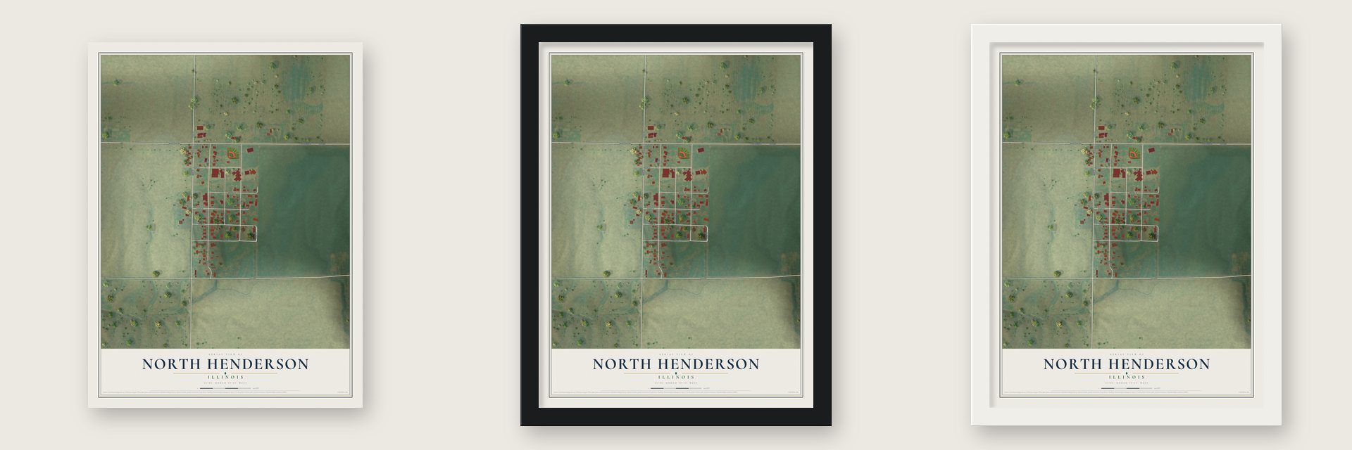 North Henderson, Illinois map unframed, in a black wood frame and in a white wood frame