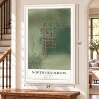 North Henderson, Illinois map, 24 x 36 inch print in a white frame by a staircase
