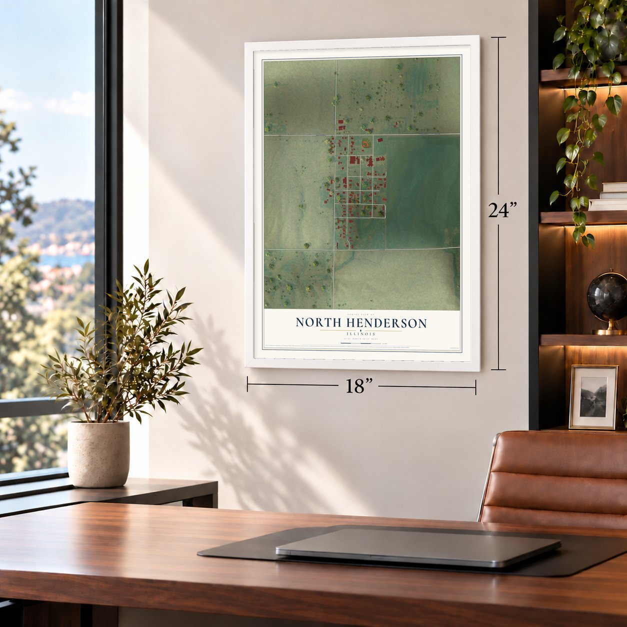 North Henderson, Illinois map, 18 x 24 inch print in a white frame in a home office