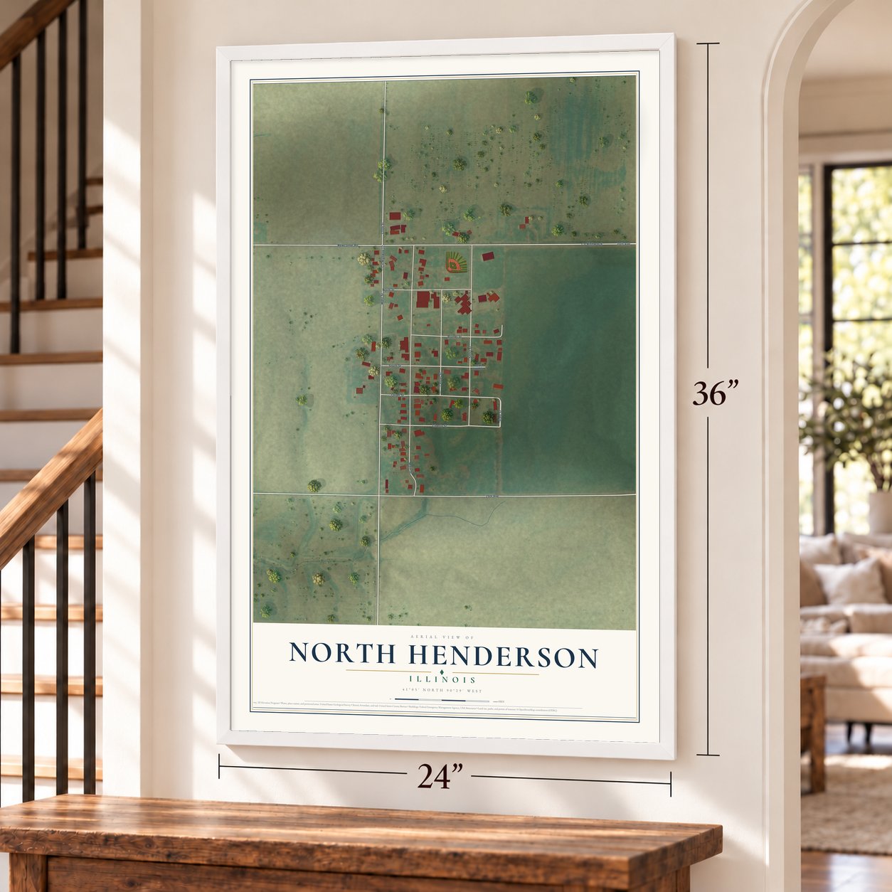 North Henderson, Illinois map, 24 x 36 inch print in a white frame by a staircase