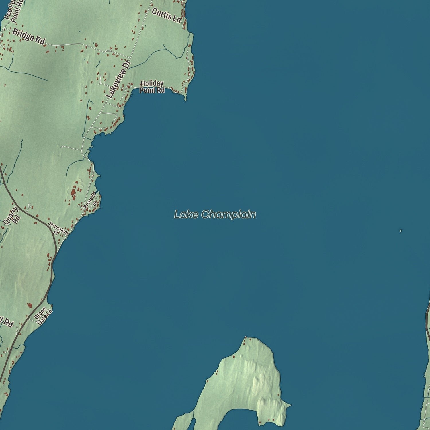 Close-up of the map of North Hero, Vermont print showing terrain and local geography