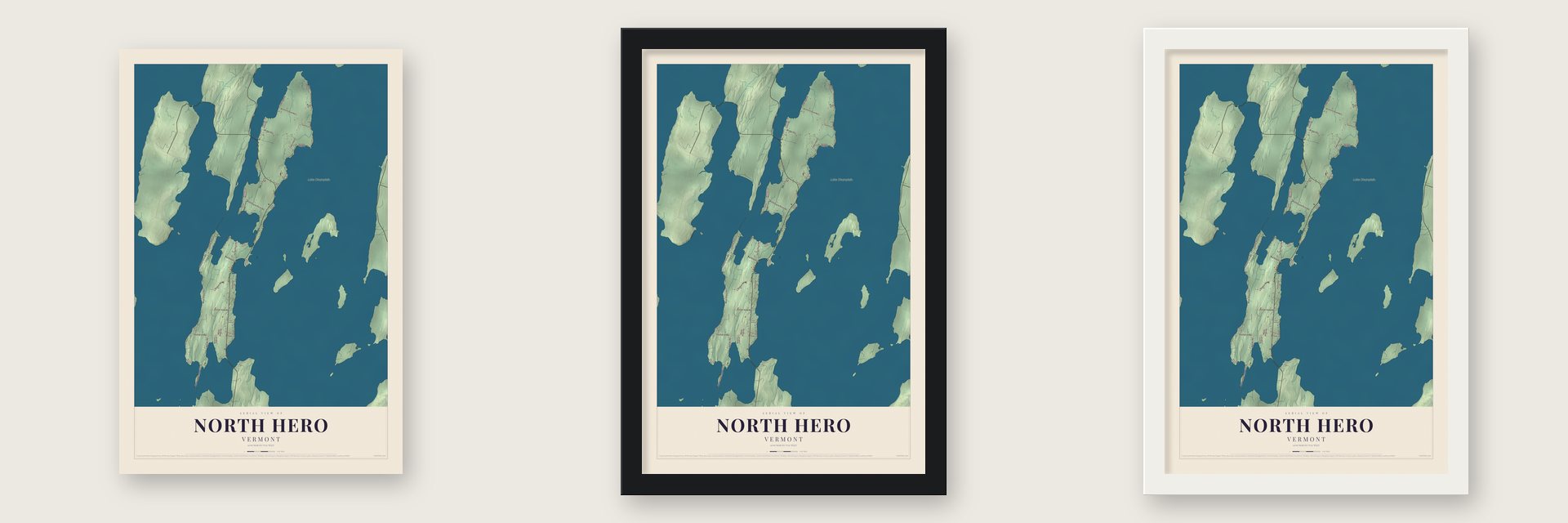 North Hero, Vermont map unframed, in a black wood frame and in a white wood frame