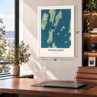 North Hero, Vermont map, 18 x 24 inch print in a white frame in a home office