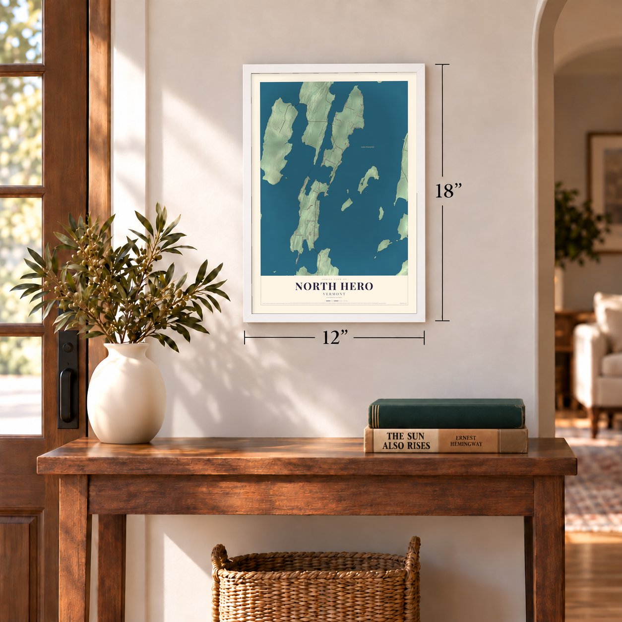 North Hero, Vermont map, 12 x 18 inch print in a white frame in an entryway