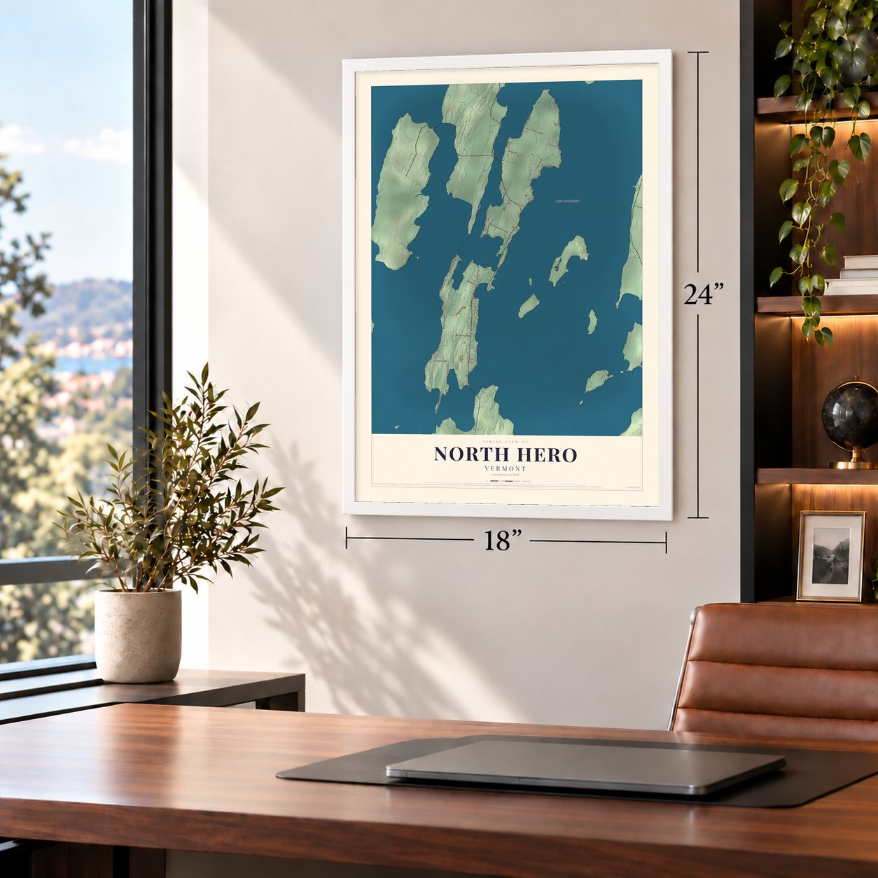 North Hero, Vermont map, 18 x 24 inch print in a white frame in a home office
