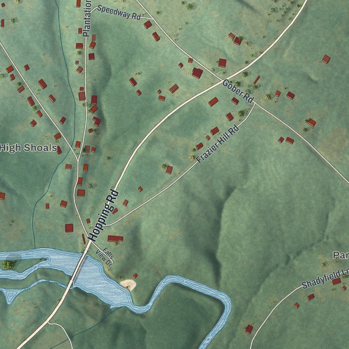 Second close-up of the map of North High Shoals, Georgia print showing more streets and buildings