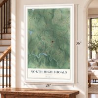 North High Shoals, Georgia map, 24 x 36 inch print in a white frame by a staircase