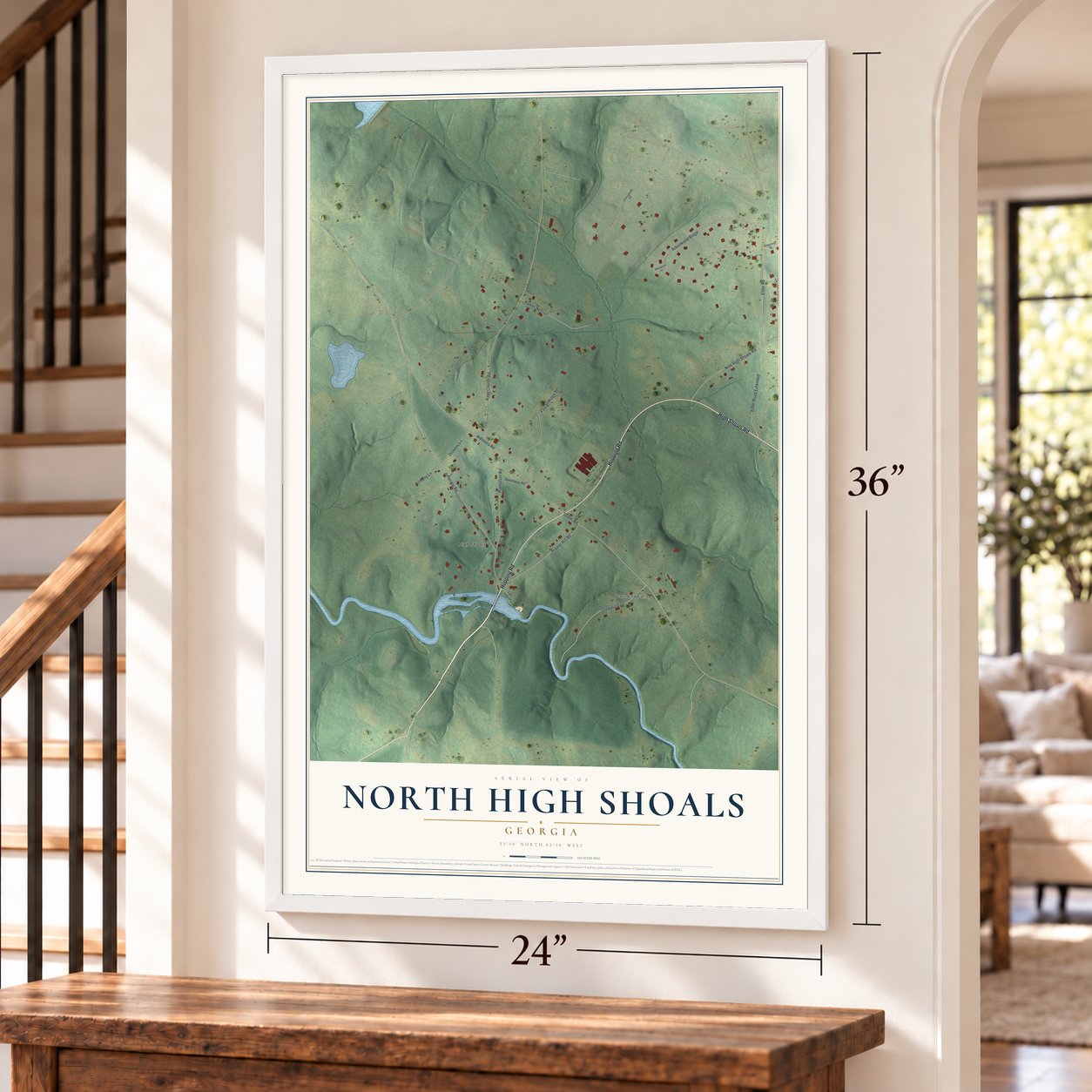 North High Shoals, Georgia map, 24 x 36 inch print in a white frame by a staircase