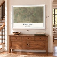 North Hobbs, New Mexico map, 24 x 36 inch print in a white frame above a dresser by a staircase