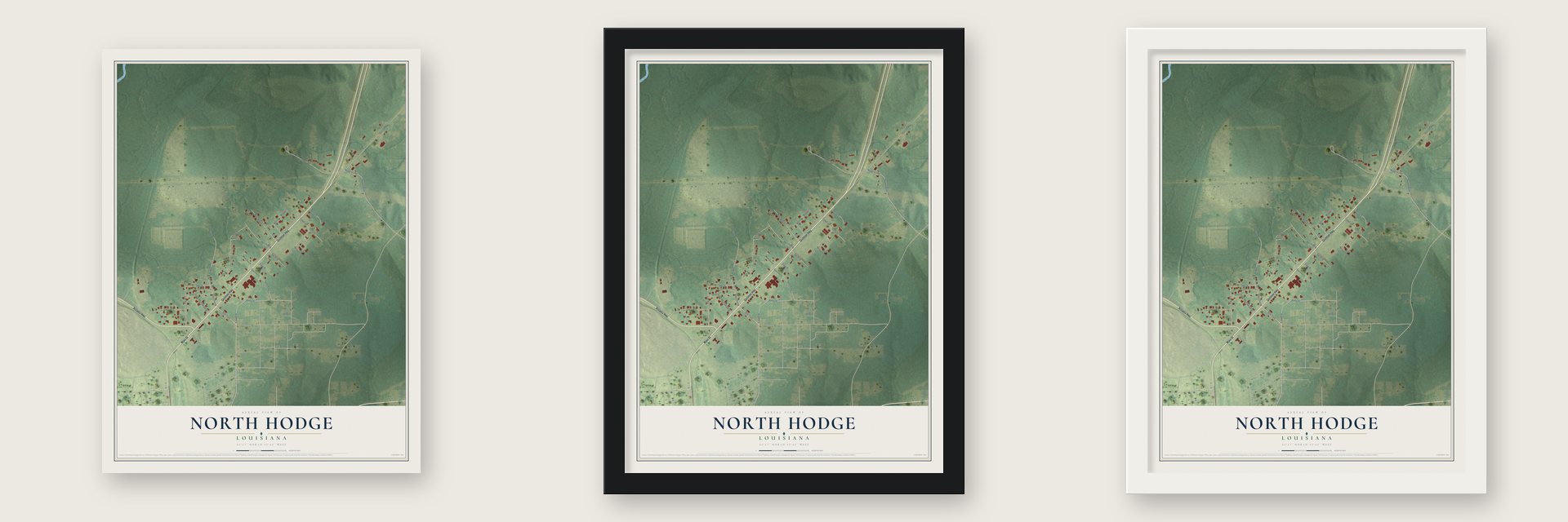 North Hodge, Louisiana map unframed, in a black wood frame and in a white wood frame