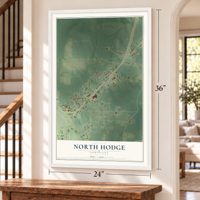 North Hodge, Louisiana map, 24 x 36 inch print in a white frame by a staircase