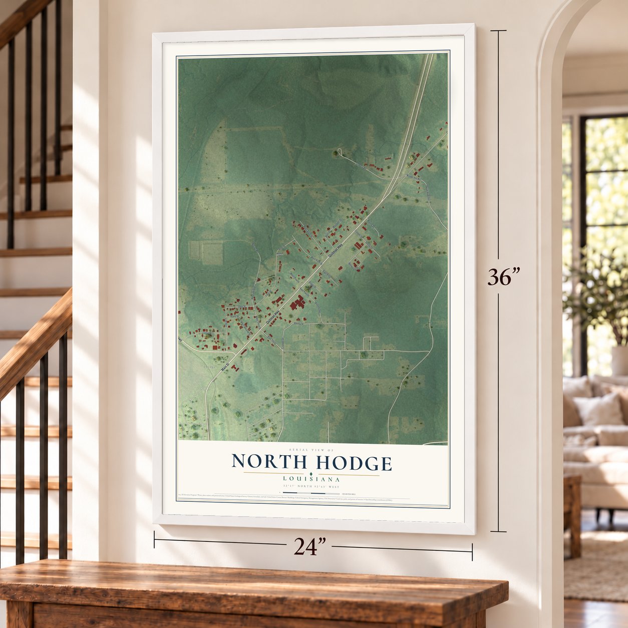 North Hodge, Louisiana map, 24 x 36 inch print in a white frame by a staircase